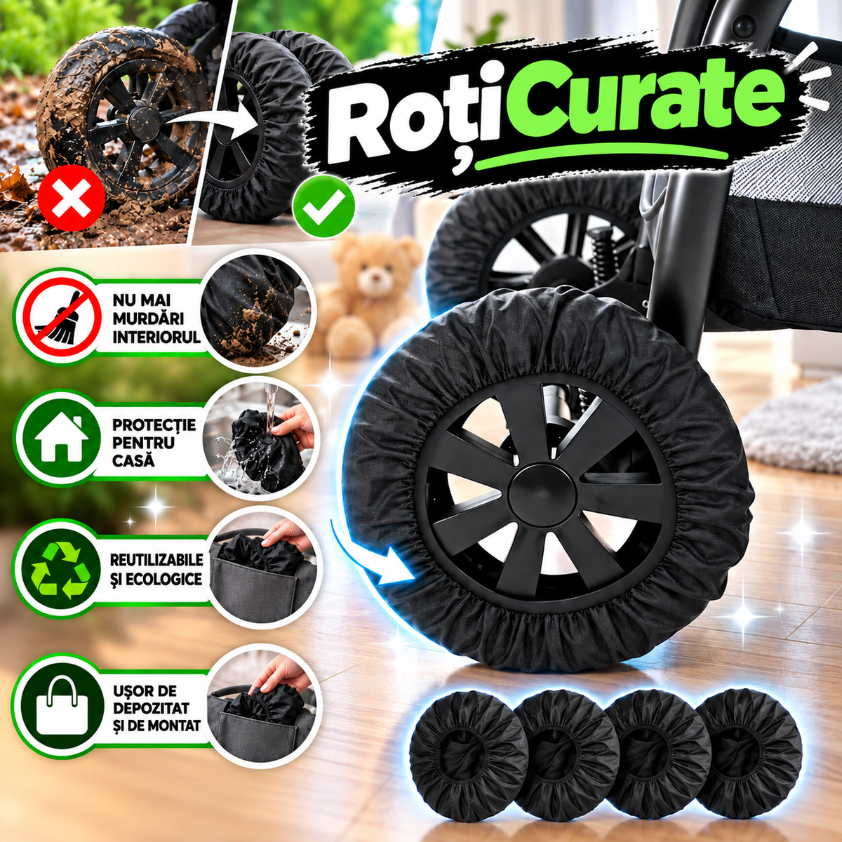 RoțiCurate™ - Huse Pentru Roțile Căruciorului